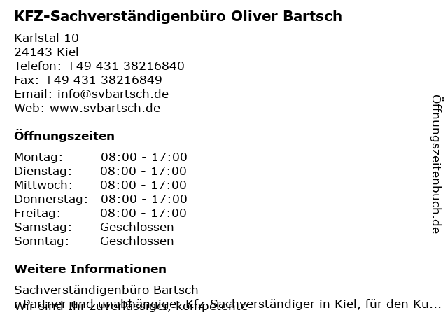 KFZ-Sachverständigenbüro Oliver Bartsch in Kiel: Adresse und Öffnungszeiten