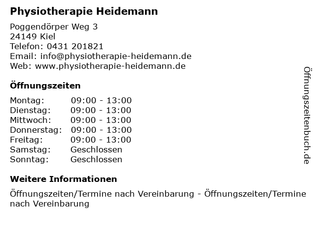 Physiotherapie Heidemann in Kiel: Adresse und Öffnungszeiten