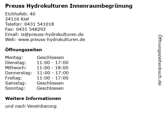 Preuss Hydrokulturen Innenraumbegrünung in Kiel: Adresse und Öffnungszeiten