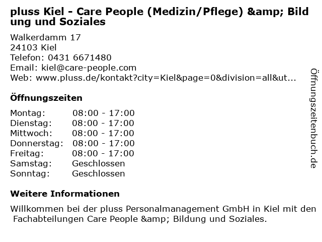 pluss Kiel - Care People (Medizin/Pflege) & Bildung und Soziales in Kiel: Adresse und Öffnungszeiten