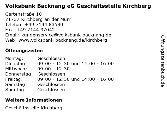 Volksbank Backnang eG Geschäftsstelle Kirchberg in Kirchberg an der Murr: Adresse und Öffnungszeiten