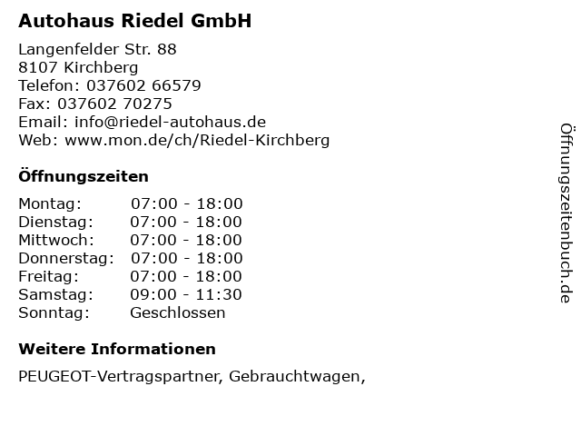 Autohaus Riedel GmbH in Kirchberg: Adresse und Öffnungszeiten