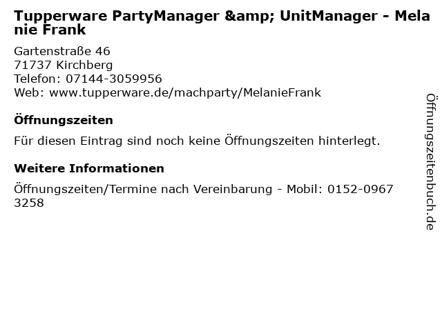 Tupperware PartyManager & UnitManager - Melanie Frank in Kirchberg: Adresse und Öffnungszeiten