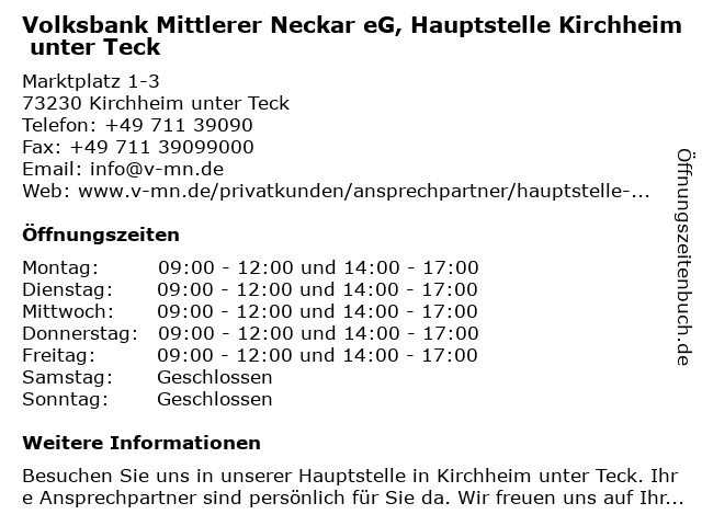ᐅ Offnungszeiten Volksbank Kirchheim Nurtingen Eg Hauptstelle
