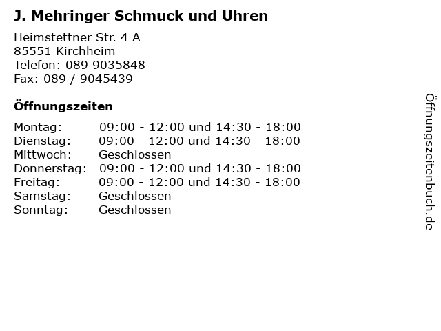 J. Mehringer Schmuck und Uhren in Kirchheim: Adresse und Öffnungszeiten