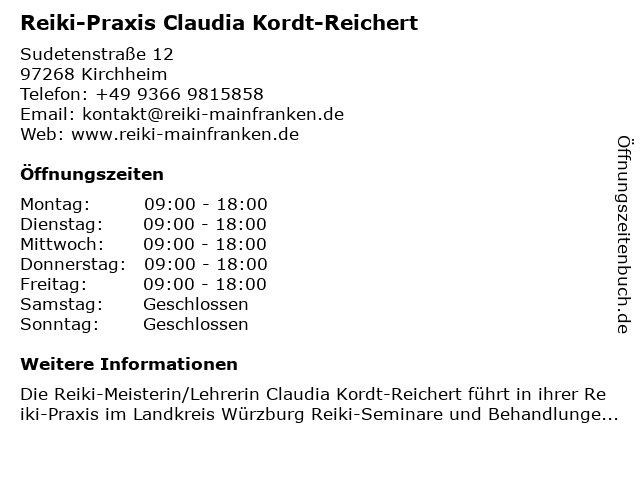 Reiki-Praxis Claudia Kordt-Reichert in Kirchheim: Adresse und Öffnungszeiten