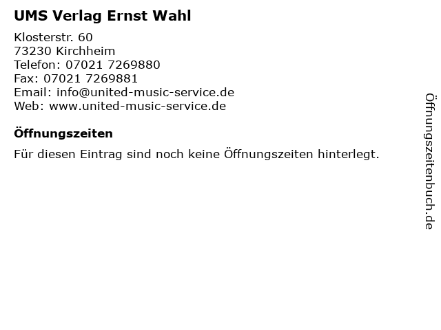 UMS Verlag Ernst Wahl in Kirchheim: Adresse und Öffnungszeiten