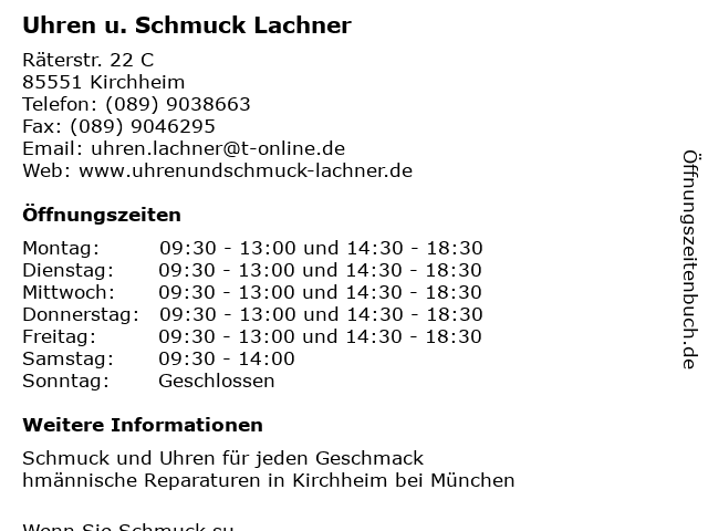 Uhren u. Schmuck Lachner in Kirchheim: Adresse und Öffnungszeiten