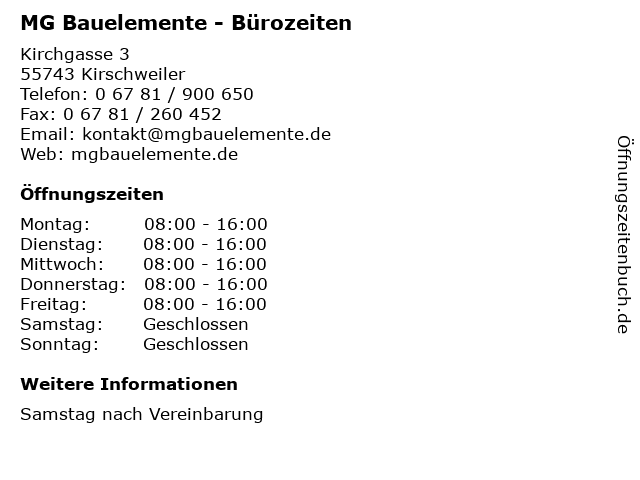 MG Bauelemente - Bürozeiten in Kirschweiler: Adresse und Öffnungszeiten
