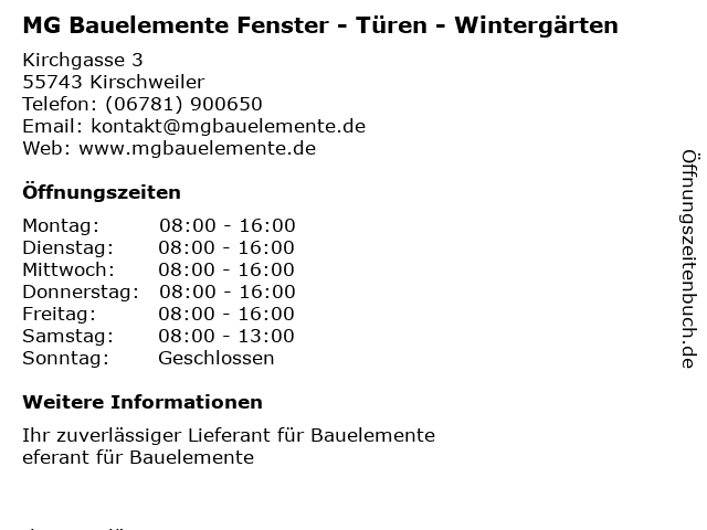 MG Bauelemente Fenster - Türen - Wintergärten in Kirschweiler: Adresse und Öffnungszeiten
