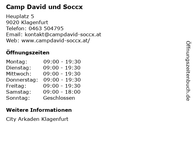 Camp David und Soccx in Klagenfurt: Adresse und Öffnungszeiten