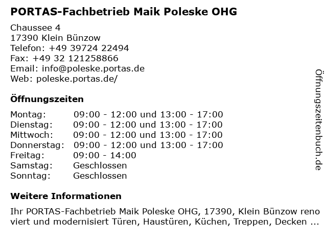 PORTAS-Fachbetrieb Maik Poleske OHG in Klein Bünzow: Adresse und Öffnungszeiten