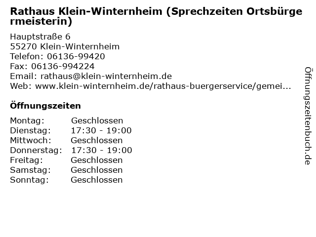 Rathaus Klein-Winternheim (Sprechzeiten Ortsbürgermeisterin) in Klein-Winternheim: Adresse und Öffnungszeiten