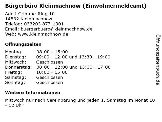 Bürgerbüro Kleinmachnow (Einwohnermeldeamt) in Kleinmachnow: Adresse und Öffnungszeiten