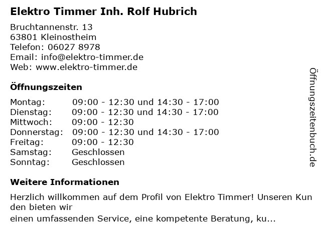 Elektro Timmer Inh. Rolf Hubrich in Kleinostheim: Adresse und Öffnungszeiten