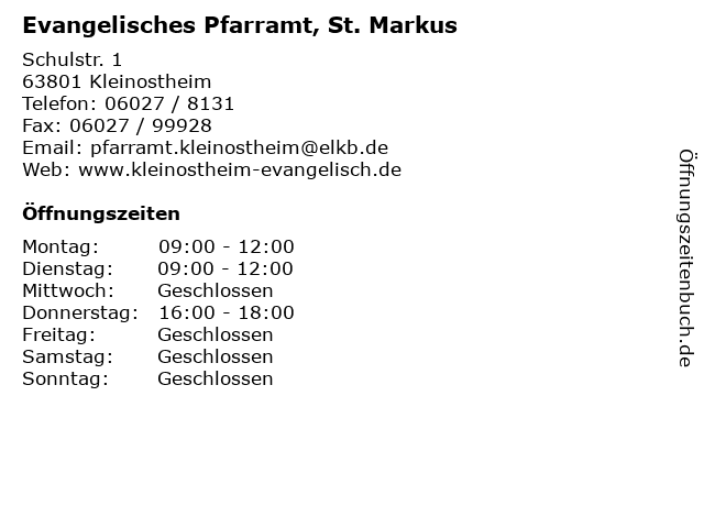 Evangelisches Pfarramt, St. Markus in Kleinostheim: Adresse und Öffnungszeiten