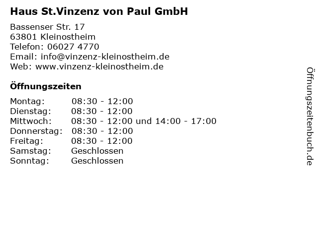 Haus St.Vinzenz von Paul GmbH in Kleinostheim: Adresse und Öffnungszeiten