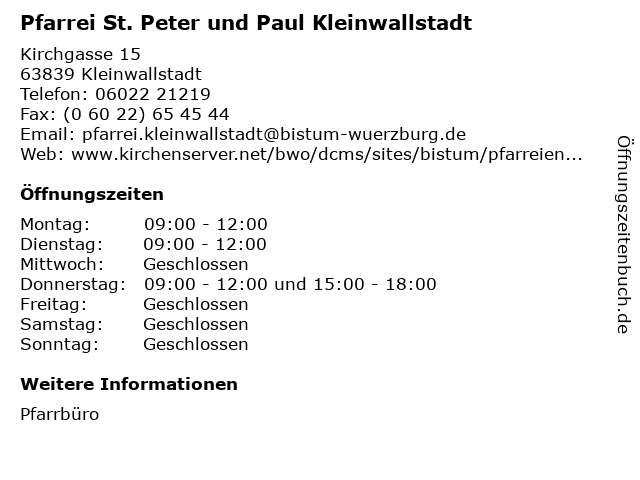 Pfarrei St. Peter und Paul Kleinwallstadt in Kleinwallstadt: Adresse und Öffnungszeiten