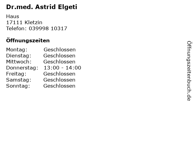 Dr.med. Astrid Elgeti in Kletzin: Adresse und Öffnungszeiten