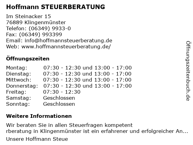 Hoffmann STEUERBERATUNG in Klingenmünster: Adresse und Öffnungszeiten