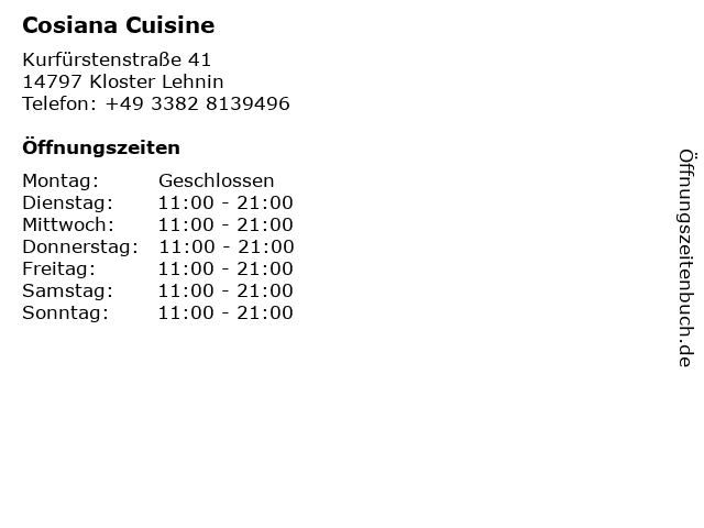 Cosiana Cuisine in Kloster Lehnin: Adresse und Öffnungszeiten