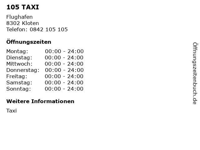 105 TAXI in Kloten: Adresse und Öffnungszeiten