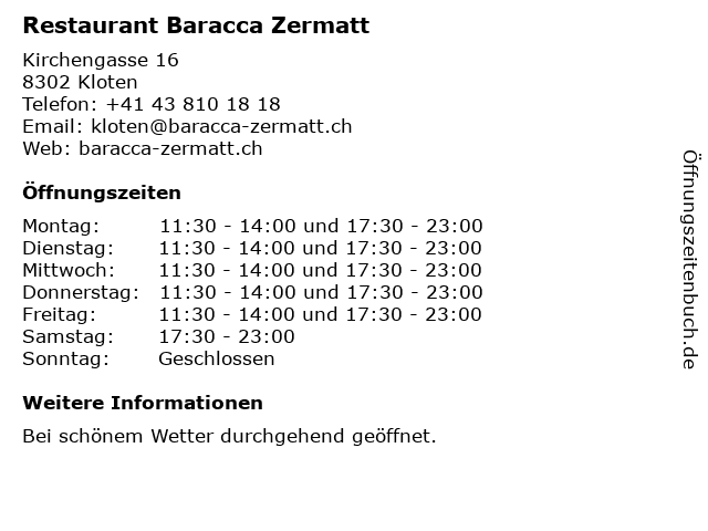 Restaurant Baracca Zermatt in Kloten: Adresse und Öffnungszeiten