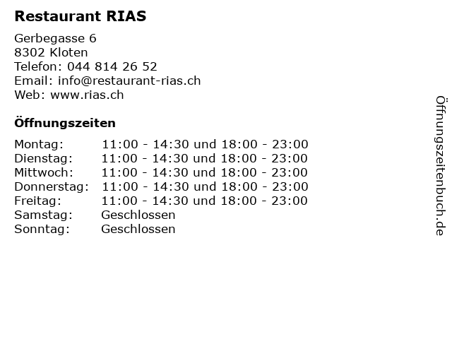 Restaurant RIAS in Kloten: Adresse und Öffnungszeiten