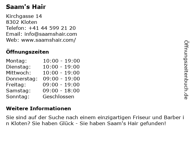 Saam's Hair in Kloten: Adresse und Öffnungszeiten