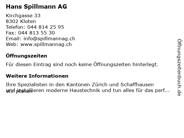 Spillmann Hans AG in Kloten: Adresse und Öffnungszeiten