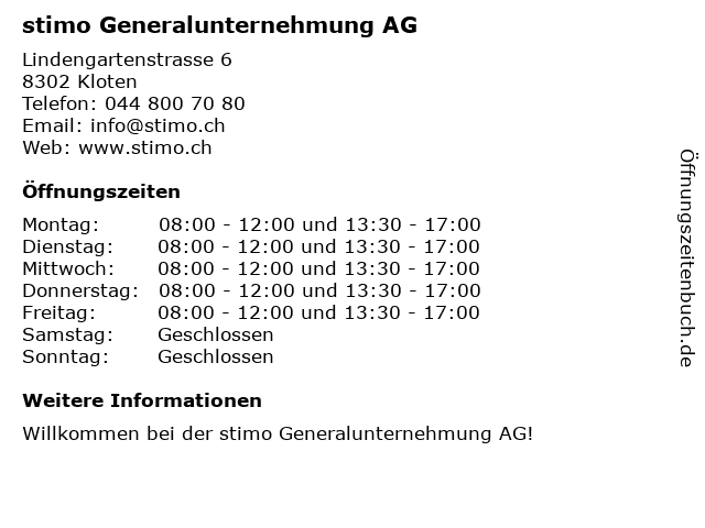 stimo Generalunternehmung AG in Kloten: Adresse und Öffnungszeiten