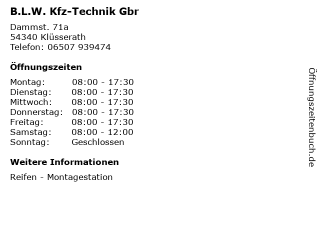 B.L.W. Kfz-Technik Gbr in Klüsserath: Adresse und Öffnungszeiten