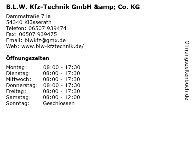 B.L.W. Kfz-Technik GmbH & Co. KG in Klüsserath: Adresse und Öffnungszeiten