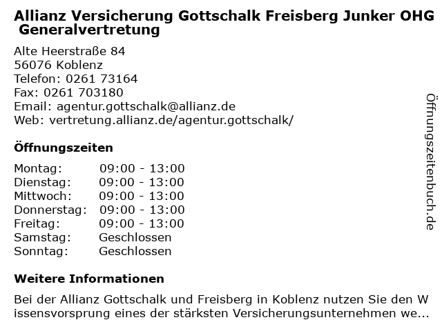 ᐅ Offnungszeiten Allianz Versicherung Generalvertretung Gottschalk Und Freisberg Alte Heerstr 84 In Koblenz