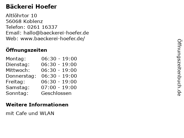 Bäckerei Hoefer GmbH in Koblenz: Adresse und Öffnungszeiten