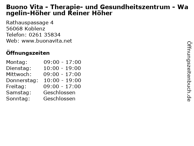 Buono Vita - Therapie- und Gesundheitszentrum - Wangelin-Höher und Reiner Höher in Koblenz: Adresse und Öffnungszeiten