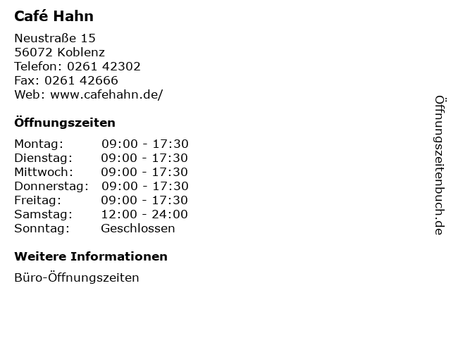 Café Hahn in Koblenz: Adresse und Öffnungszeiten