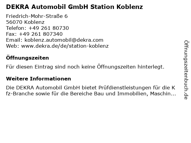 DEKRA Automobil GmbH Station Koblenz in Koblenz: Adresse und Öffnungszeiten