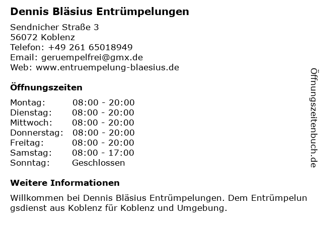 Dennis Bläsius Entrümpelungen in Koblenz: Adresse und Öffnungszeiten