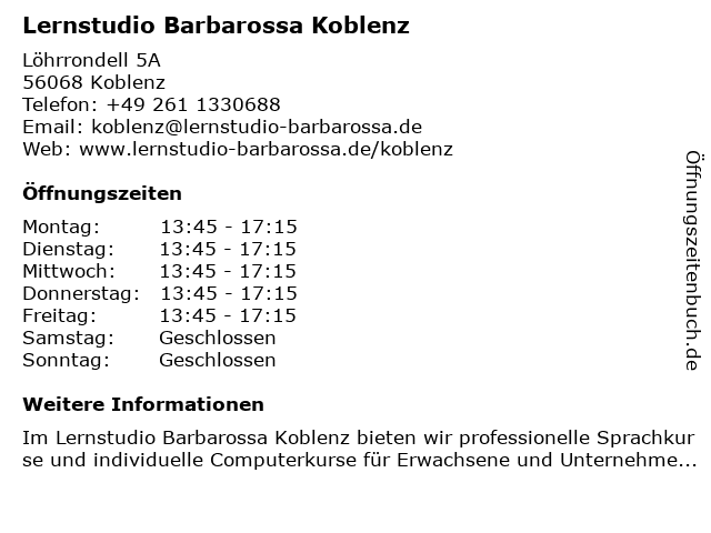 ᐅ Offnungszeiten Lernstudio Barbarossa Koblenz Lohrrondell 5a In Koblenz