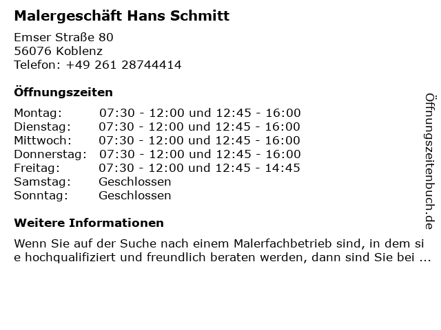 Malergeschäft Hans Schmitt in Koblenz: Adresse und Öffnungszeiten