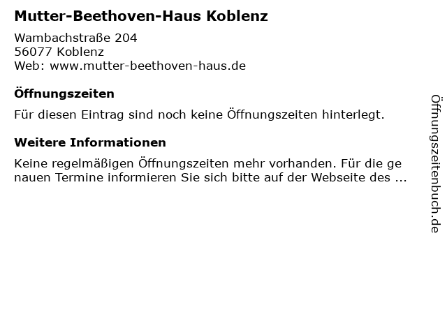 ᐅ Offnungszeiten Mutter Beethoven Haus Koblenz Wambachstrasse