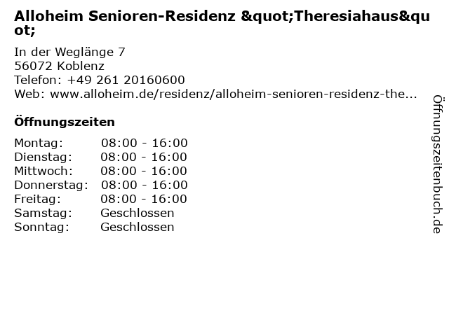 ᐅ Offnungszeiten Theresiahaus Gmbh In Der Weglange 7 In Koblenz
