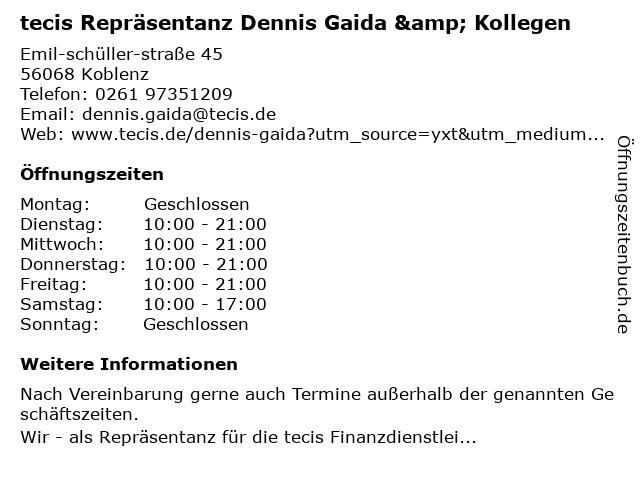 tecis Repräsentanz Dennis Gaida & Kollegen in Koblenz: Adresse und Öffnungszeiten