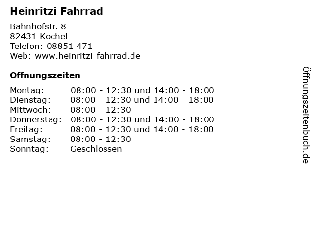 ᐅ Öffnungszeiten „Heinritzi Fahrrad“ Bahnhofstr. 8 in Kochel