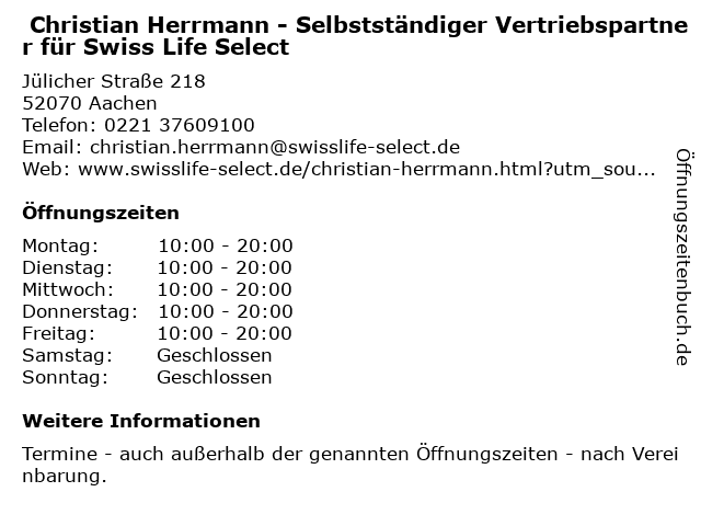  Christian Herrmann - Selbstständiger Vertriebspartner für Swiss Life Select in Köln: Adresse und Öffnungszeiten