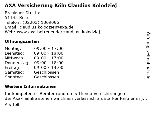 AXA Versicherung Köln Claudius Kolodziej in Köln: Adresse und Öffnungszeiten