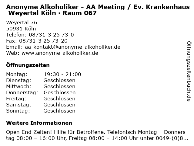 Anonyme Alkoholiker - AA Meeting / Ev. Krankenhaus Weyertal Köln · Raum 067 in Köln: Adresse und Öffnungszeiten