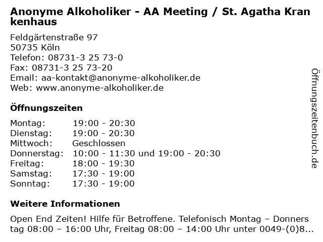 Anonyme Alkoholiker - AA Meeting / St. Agatha Krankenhaus in Köln: Adresse und Öffnungszeiten