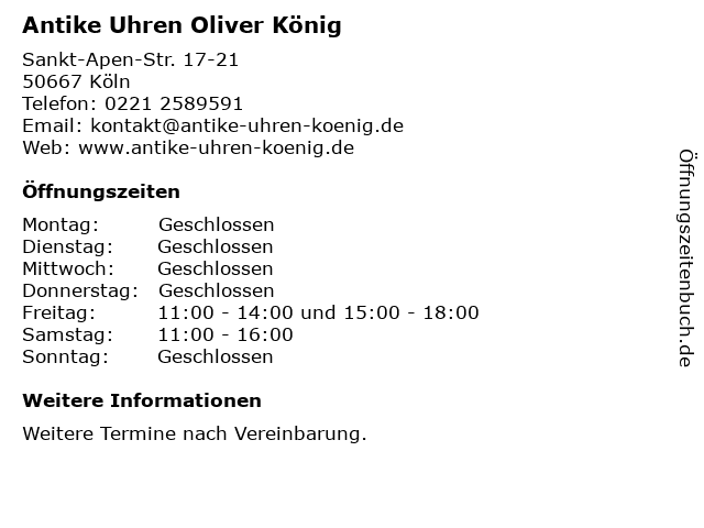 Antike Uhren Oliver König in Köln: Adresse und Öffnungszeiten